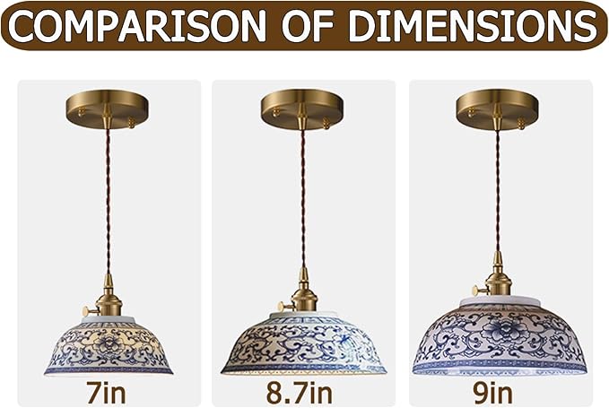 7in Ceramic Pendant Light, Chinese Blue and White Porcelain Pendant Light fixtures, Bedside Light, Hanging lamp for Kitchen Island Light Fixture, Home Bedroom Dining Room Ceiling Hanging Light small