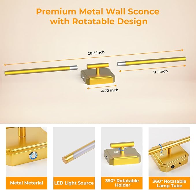 GvvooHome 1 Pack Battery Operated Wall Sconce Detachable 360°Rotate, Wireless Wall Lamp 3000-6500K Dimmable, 10000mAh Rechargeable Wall Light for Bedroom, Living Room，28.3" Gold