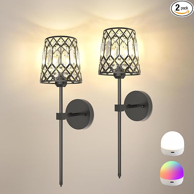 Black Battery Operated Wall Sconces Set of 2, Crystal Rechargeable Wireless Wall Sconce Lights for Home Decor, Dimmable 12 RGB and 3CCT Wall Lamps with Remote for Living Room Bedroom Hallway