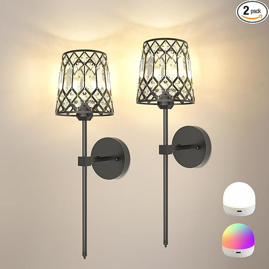 Black Battery Operated Wall Sconces Set of 2, Crystal Rechargeable Wireless Wall Sconce Lights for Home Decor, Dimmable 12 RGB and 3CCT Wall Lamps with Remote for Living Room Bedroom Hallway