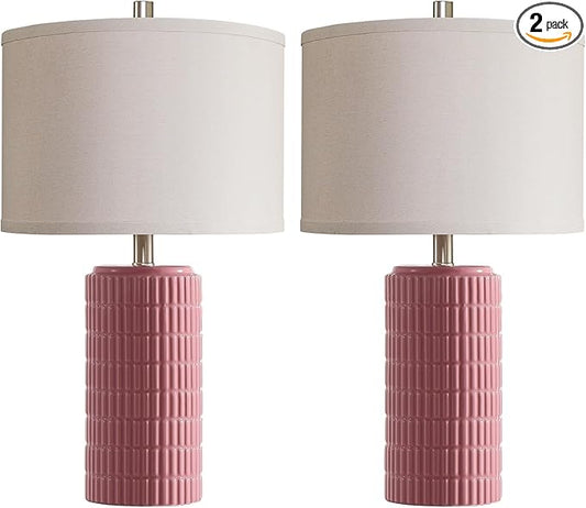 AIEAMPDO 23" Set of 2 Pink Ceramic Table Lamp for Living Room Bedroom, Modern Farmhouse Nightstand Desk Lamps for Dining Room Dresser End Table Entryway, 2 LED Bulbs Included