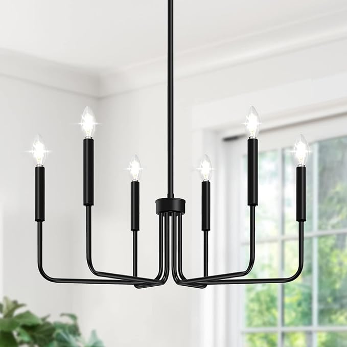Black Chandelier, 6-Light Farmhouse Chandelier for Dining Room Lighting Fixtures Hanging, Industrial Modern Chandelier for Bedroom, Foyer, Hall, Kitchen, Living Room, Entryway (No Assembly Required)