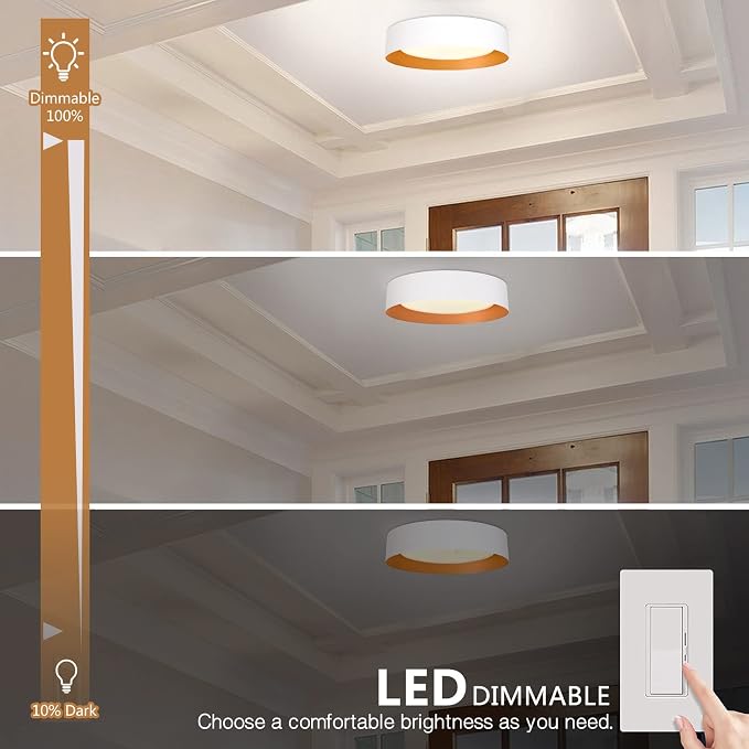 Bargeni 16.5" White Gold Flush Mount Ceiling Light, Dimmable LED Fixture | 30W LED ceiling light with 3000K warm white glow, ideal for hallways, closets, bedrooms and entryways