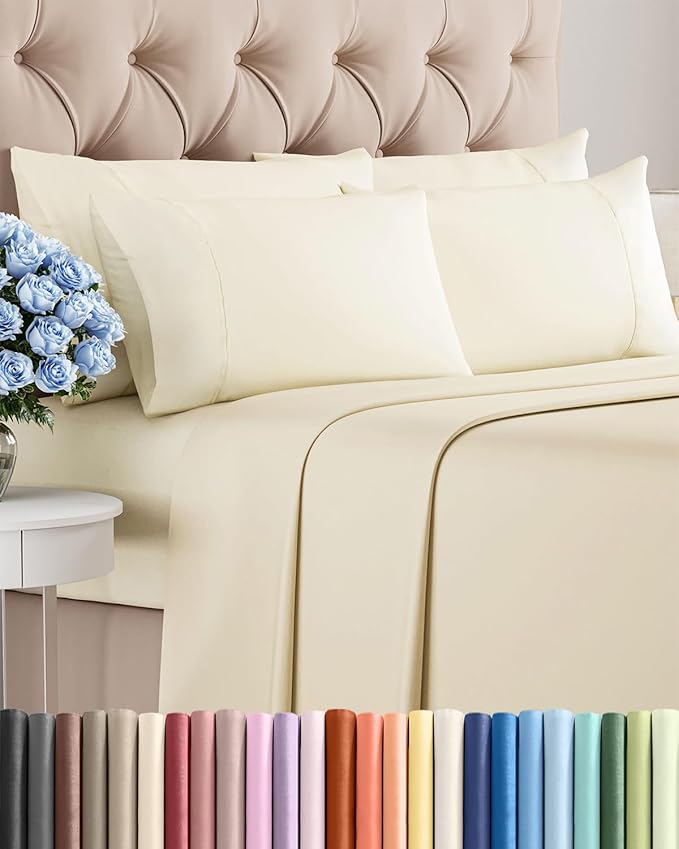 Full 6 Piece Sheet Set - Comfy Breathable & Cooling - Ultra-Soft Hotel Luxury Bedding Set with 8-16 Inch Deep Pockets - 1 Flat & 1 Fitted Sheet & 4 Pillowcases - Wrinkle Free & Easy Care - Off White