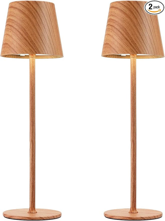 Kakanuo Cordless Table Lamp Rechargeable - Wood Grain 2 Pack 5000mAH Battery Operated Lamp for Counter, 3 Color Stepless Dimming Wireless Lamp for Dining Kitchen, Outdoor Patio, Touch Control