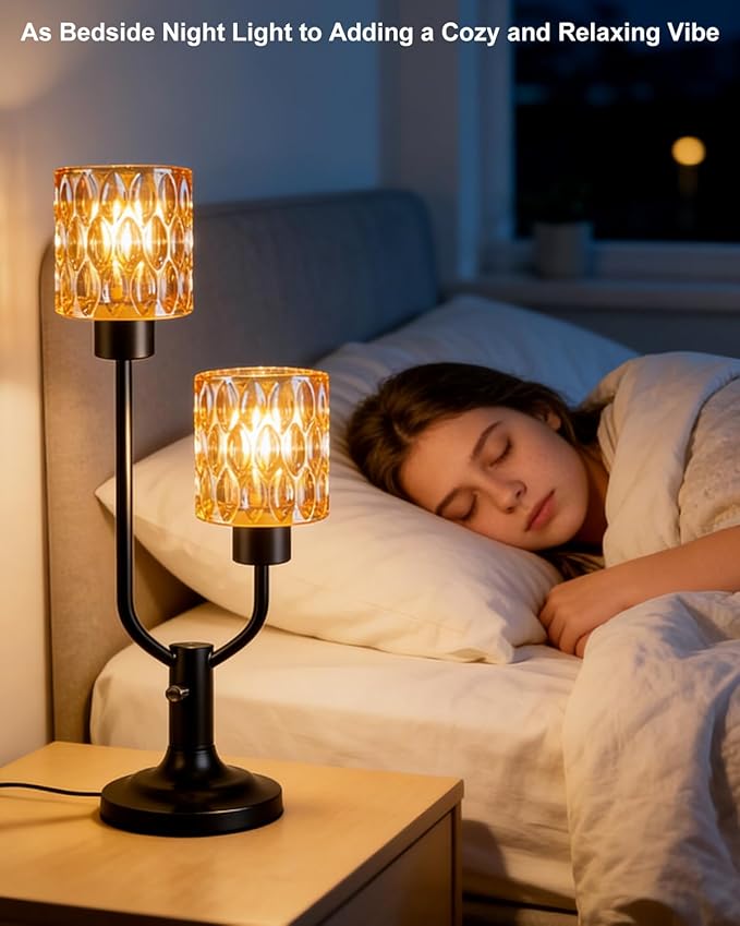 Lightdot Vintage Table Lamp for Bedroom Dimmable Nightstand Lamp Mid Century Modern Amber Glass Black Desk Lamp 2 Bulbs Included Warmwhite Ambient Bedside Lamps for Living Room Home Office Decor Gift