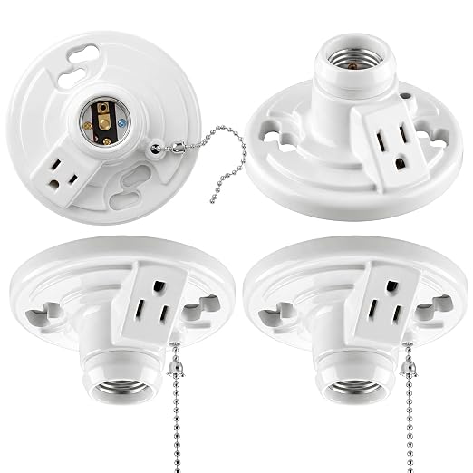 4 Pack Light Socket with Outlet and Pull Chain Light Fixture, Bulb Socket with Grounded Outlet, E27/e26 Base, Box Mount for Indoor Garage Closet Lighting (Phenolic Resin)