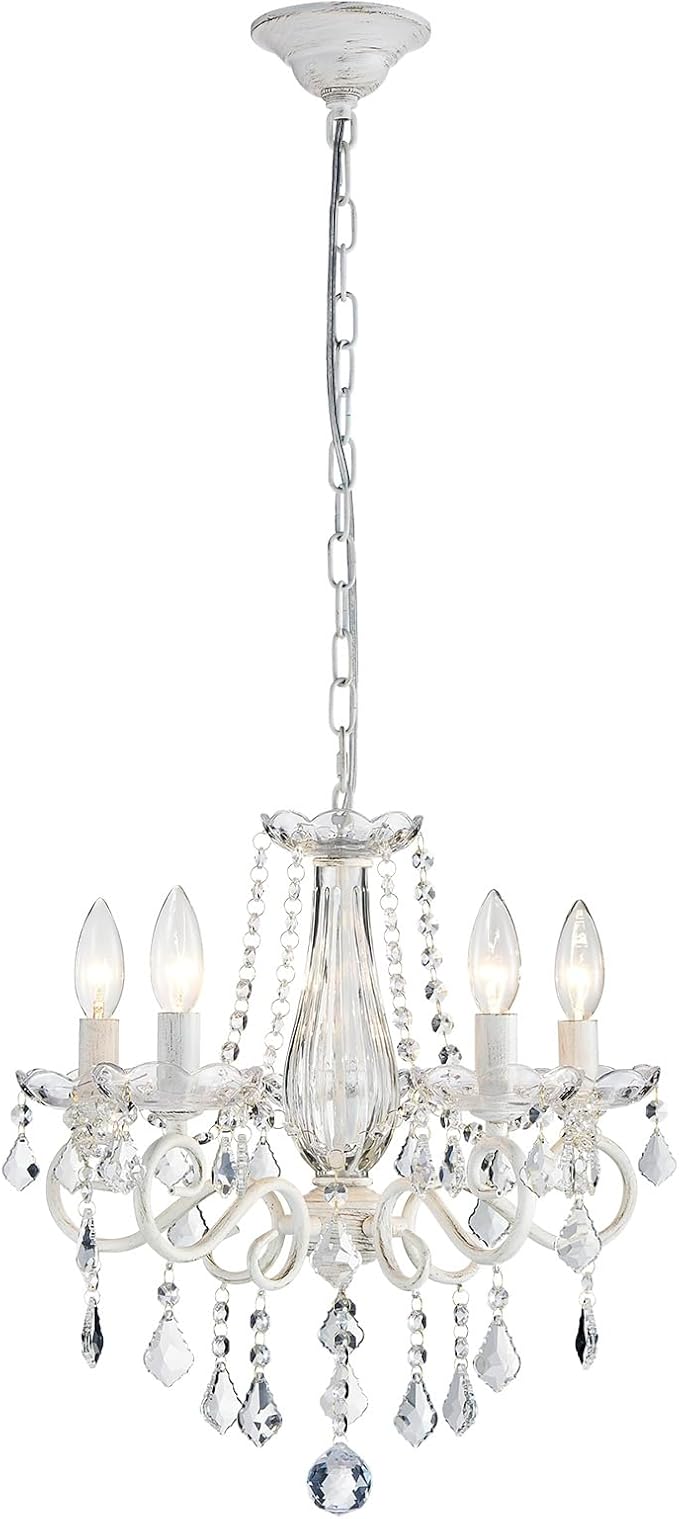 ANJIADENGSHI Small Crystal Chandelier, Modern White Chandelier Dining Room Light Fixture, Mini Crystal Pendant Light for Bedroom Ceiling Light Fixture for Living Room Entryway Kitchen Island Hallway