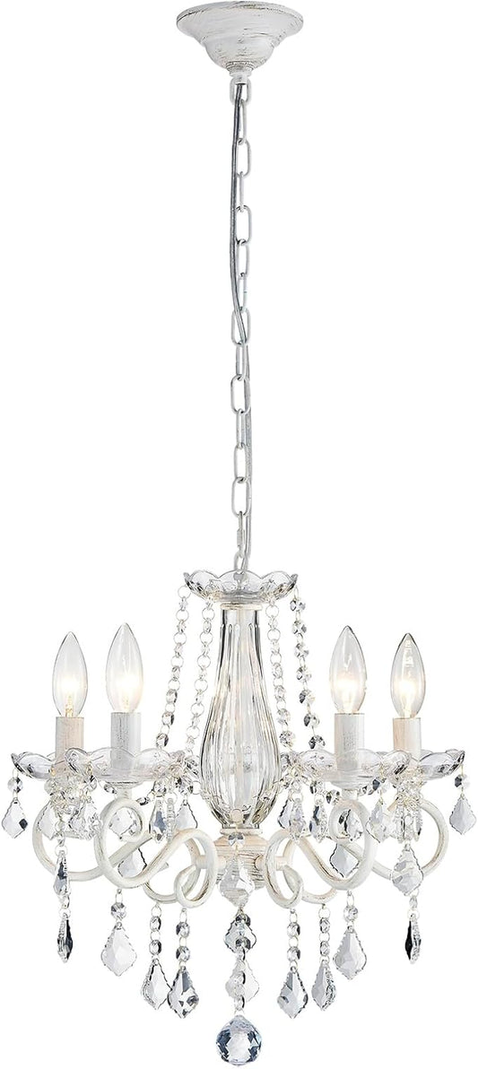 ANJIADENGSHI Small Crystal Chandelier, Modern White Chandelier Dining Room Light Fixture, Mini Crystal Pendant Light for Bedroom Ceiling Light Fixture for Living Room Entryway Kitchen Island Hallway