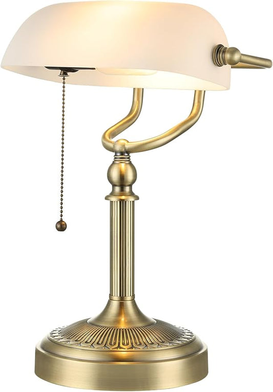 Glass Bankers Desk Lamp with Pull Chain Switch Plug in Fixture (Matted White +Green Bronze Base, Classic)