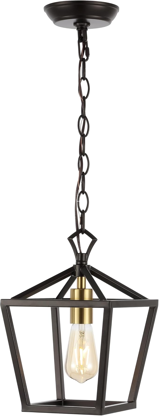 JONATHAN Y 8" Oil Rubbed Bronze/Brass Gold Lantern Pendant Light, 1-Light Pagoda Style Metal Cage Farmhouse Hanging Ceiling Fixture for Kitchen Island, LED Bulb Included (JYL7618C)