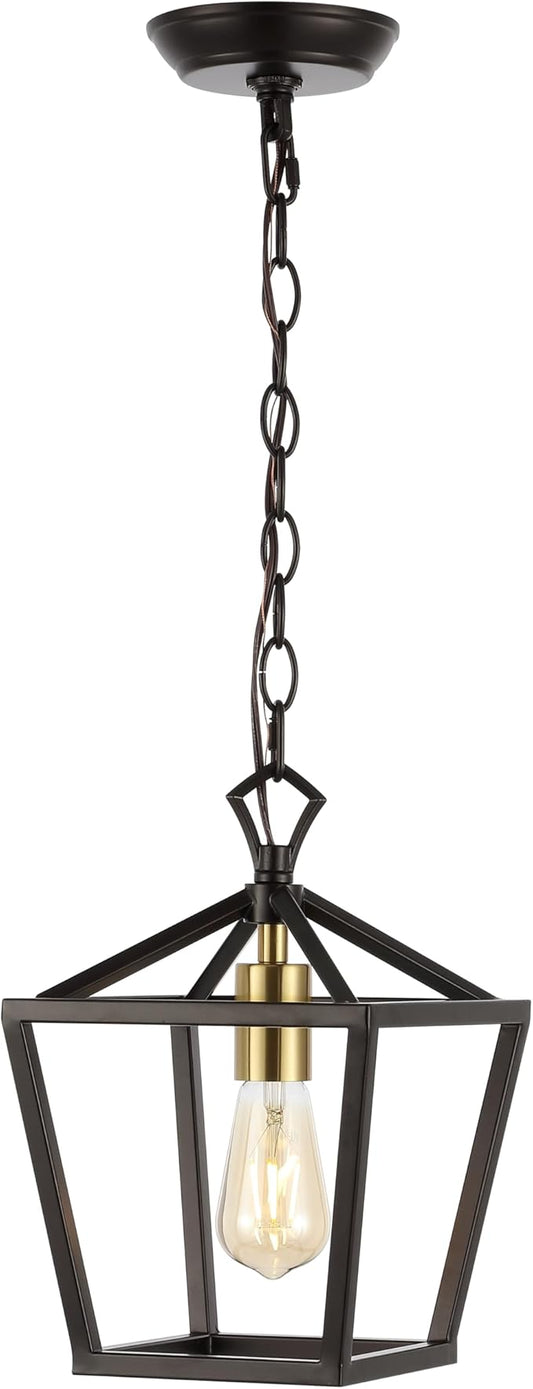 JONATHAN Y 8" Oil Rubbed Bronze/Brass Gold Lantern Pendant Light, 1-Light Pagoda Style Metal Cage Farmhouse Hanging Ceiling Fixture for Kitchen Island, LED Bulb Included (JYL7618C)