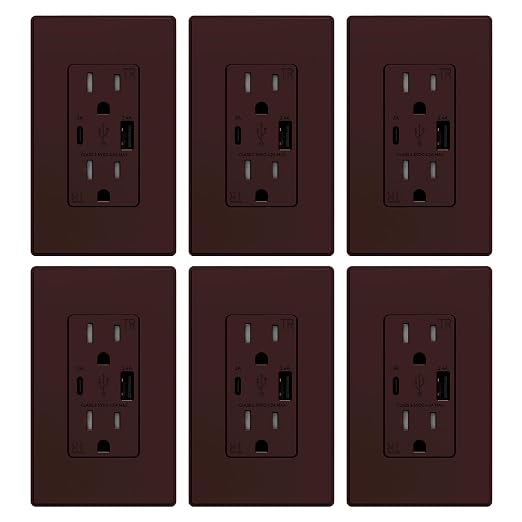 ELEGRP USB Charger Wall Outlet, USB Receptacle with USB A & USB C Ports, 15 Amp Duplex Tamper Resistant Receptacle Plug NEMA 5-15R, Wall Plate Included, UL Listed, 6 Pack, Matte Brown