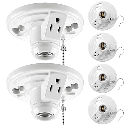 6 Pack Light Socket with Outlet and Pull Chain Light Fixture, Bulb Socket with Grounded Outlet, E27/e26 Base, Box Mount for Indoor Garage Closet Lighting (Phenolic Resin)