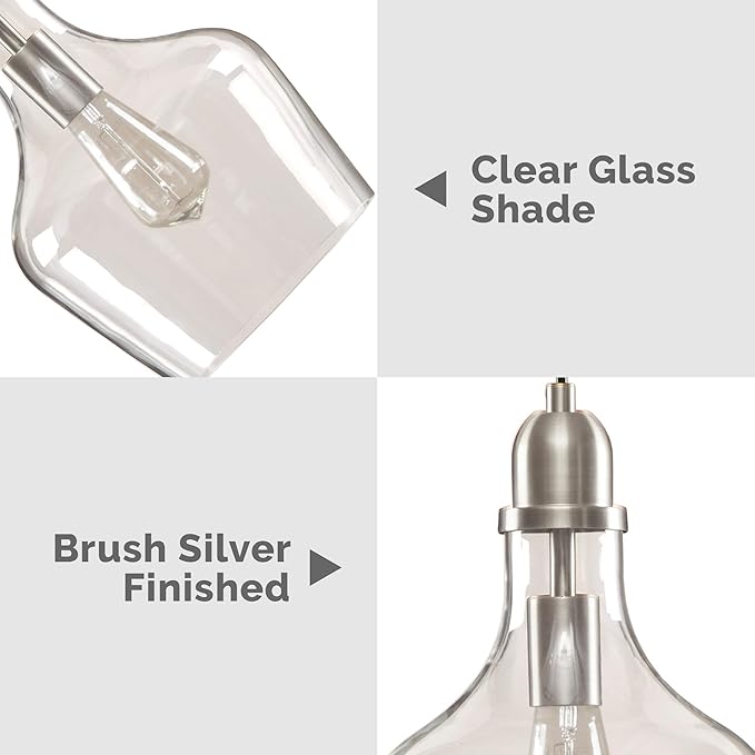 INK+IVY Auburn Pendant Kitchen Lighting for Dining Room, Industrial Lights, Hand-blown Glass Bell Shaped Pendant Light for Kitchen Island, Foyer, Bedroom, 9" Dia x 95.5" H, Silver/Clear