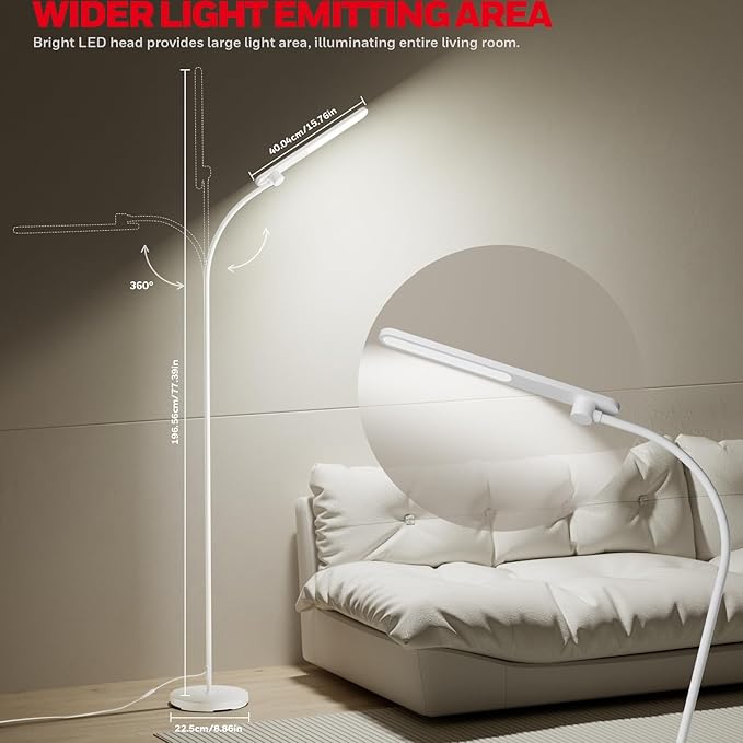 Honeywell LED Floor Lamp for Reading, CRI97 Full Spectrum Gooseneck Floor Lamp, Eye-Caring Dimmable Standing Task Light, 3 Color Temperatures, 77.5" Tall for Living Room, Bedroom, Office