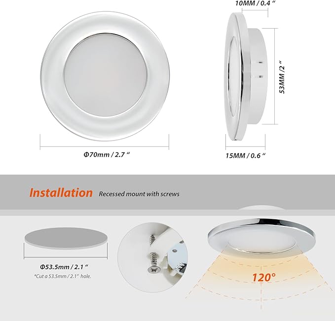 Dream lighting LED RV Lights Under Cabinet Lighting 12 Volt Recessed RV Lights Interior Puck Light, 3 Watts 200 Lumens, 3000K-Warm White Light, 2.75inch Chrome Plastic Shell, No Switch, Pack of 6
