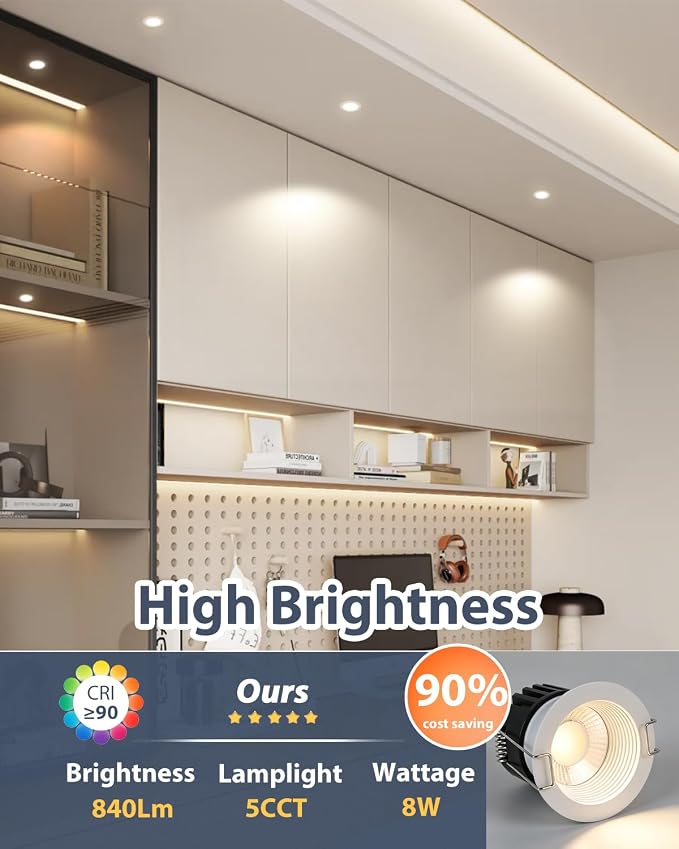 Aosclex 2 Inch 5CCT Anti-Glare LED Recessed Lights with Jbox, 2700K/3000K/3500K/4000K/5000K Selectable, 8W 840LM CRI90+, Dimmable Canless Downlight, Waterproof Light Fixtures, ETL & FCC（White, 6 Pack）