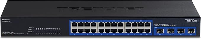 TRENDnet 28-Port Multi-Gig Switch, TEG-S50284, 24 2.5Gb RJ45 Ports, 4 x 10G SFP+ Ports, NDAA TAA Compliant, Lifetime Protection, 200Gbps Switch Capacity, Rack Mount Ready, Black