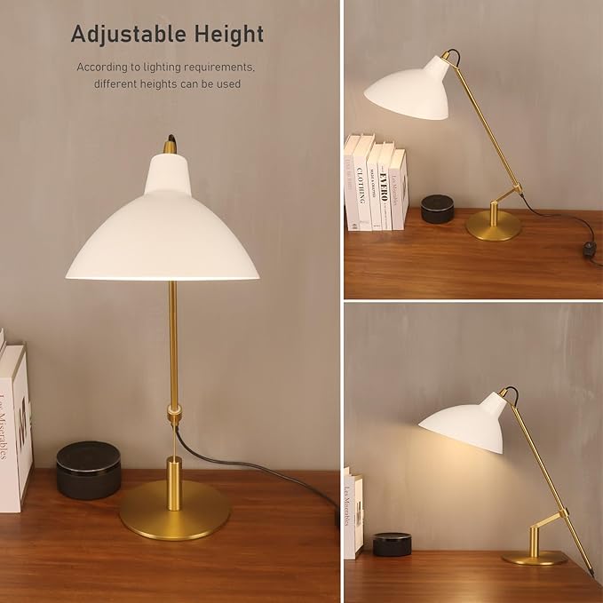 Desk Lamp Modern Industrial 100% Metal Adjustable Table Lamp 24", Natural Light (4000K) with Dimmer, Ideal for Office Bedroom Study Room Living Room Nightstand Bedside Lamps White+Brass