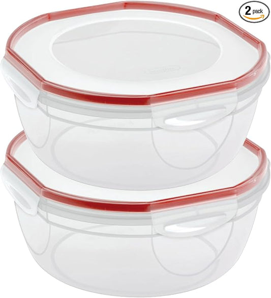 Sterilite Ultra-Seal 8.1 Qt Bowl, Large Airtight Food Storage Container, Latching Lid, Microwave and Dishwasher Safe, Clear With Red Gasket, 2-Pack