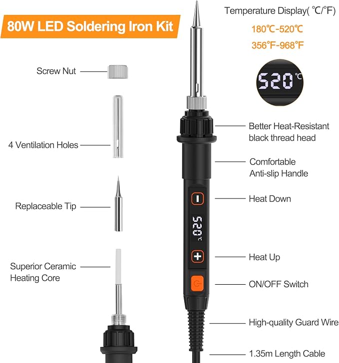 Soldering Iron Kit 80W LED 356-968℉ Soldering Iron 10s Fast Heating 18-in-1 Welding Tools for Electronics Repair DIY, PCB with Flux, Solder Wire, 5 Replaceable Tips, Desoldering Pump, Stand, Tweezers