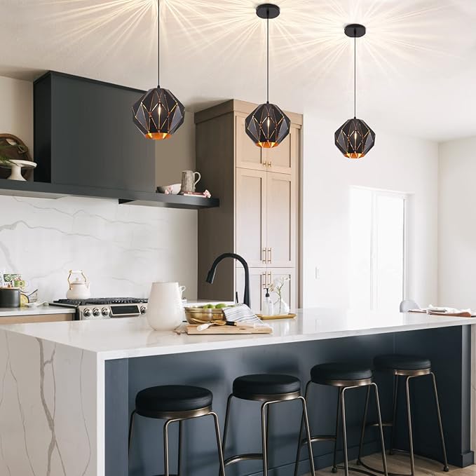 baunoisk Pendant Light Industrial Vintage Pendant Lamp Retro Farmhouse Ceiling Hanging Light Fixture Black Metal Creative Geometric Diamond Shade Pendant Lighting for Kitchen Island
