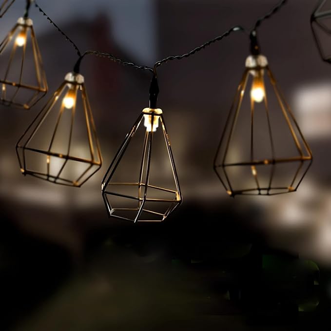 Diamond String Lights 10 LED 6.8 ft Battery Operated, Geometric String Lights Warm White, Black Metal Lamps Decor for Indoor Wedding Party Bedroom Christmas