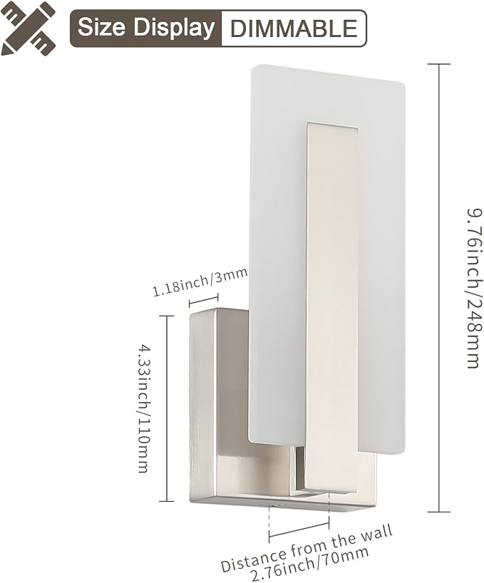 Joosenhouse LED Wall Sconce Set of 2, Hardwired Dimmable Wall Mounted Lights, Indoor Wall Lights for Hallway, Bedroom, Study, Living Room, 9.76 Inch Brushed Nickel Wall Sconce Lighting