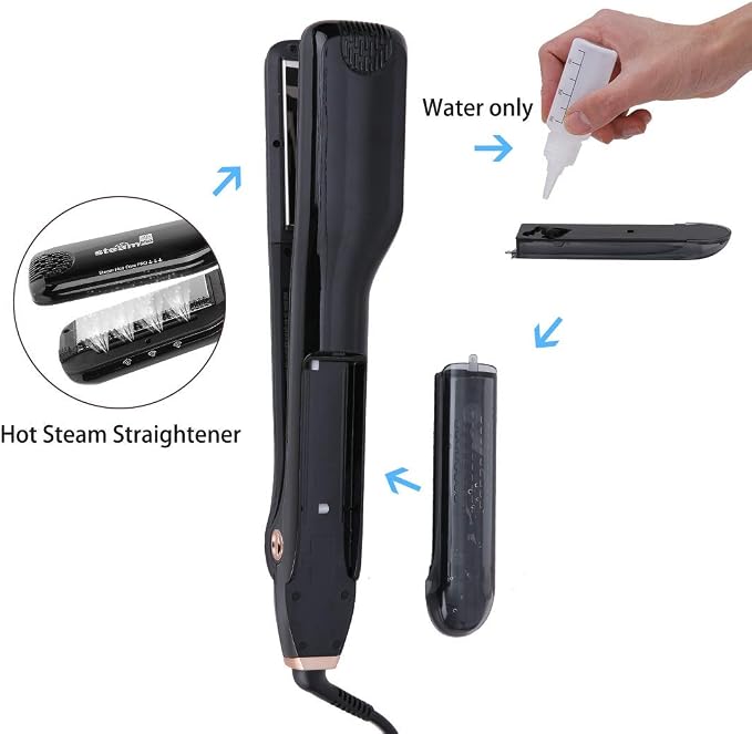 Professional Steam Hair Straightener Brush Ceramic Flat Iron, Electric Hair Crimper Heating Comb Straightening Iron, Fast Steamer Hair Styling Appliances For All Hair Types (Black)