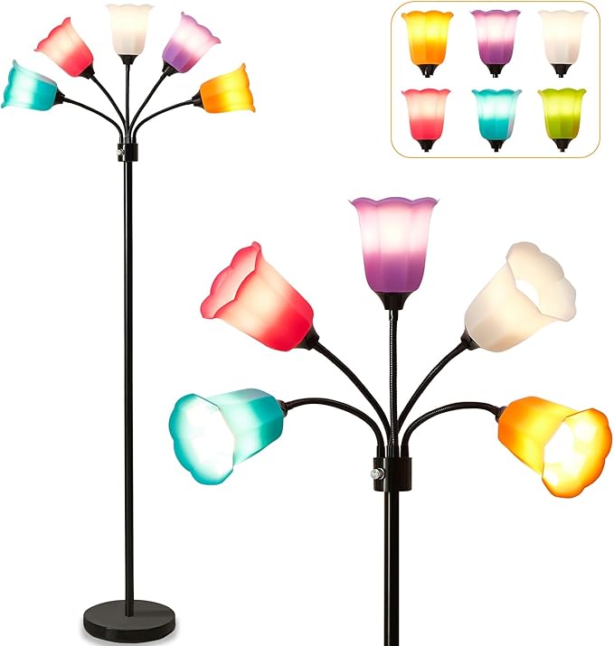 GyroVu Medusa LED Floor Lamp, Multi Head Modern Tall Lamp with Adjustable Gooseneck Standing Lamps Led Tall Lamp for Living Room Bedroom Kids Room Office 6 Color Lampshades Bulb Not Included Black