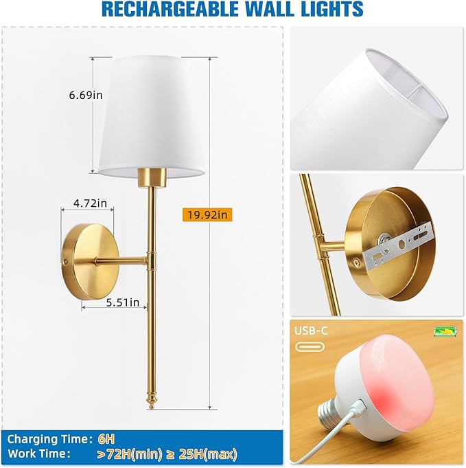 NIORSUN 19.9 inch Battery Operated Wall Sconce Set of 2,Gold Rechargeable Wall Lights with 10400mAh Dimmable Detachable Bulbs and Remote,10 Colors Wireless Sconces for Bedroom Living Room Hallway