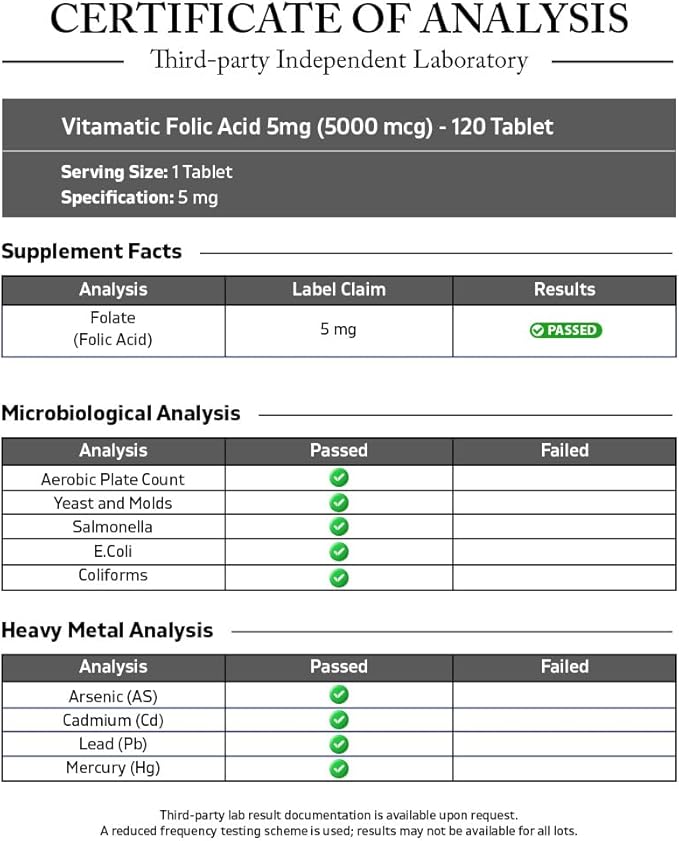 Vitamatic Folic Acid 5mg (5000 mcg) – 120 Vegetarian Tablets per Bottle | Pack of 2 (Total 240 Tablets) Vitamin B9 (Folate) | Supports Heart Health, Brain Function, and Prenatal Wellness