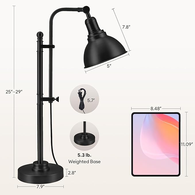 VONLUCE Rustic Desk Lamp Black Adjustable, Industrial Style Metal Task Lamps 25"-29", Vintage Work Light, Farmhouse Reading Lamp in Black Finish, ETL Certificate