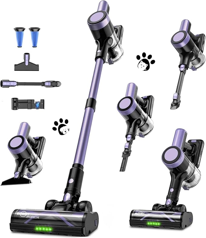Cordless Vacuum Cleaner for Home, 55KPa Powerful Suction, Self-Standing Stick Vacuum with Charging Dock, Anti-Tangle Brush, Lightweight for Pet Hair, Carpet, Hardwood Floor(Purple)