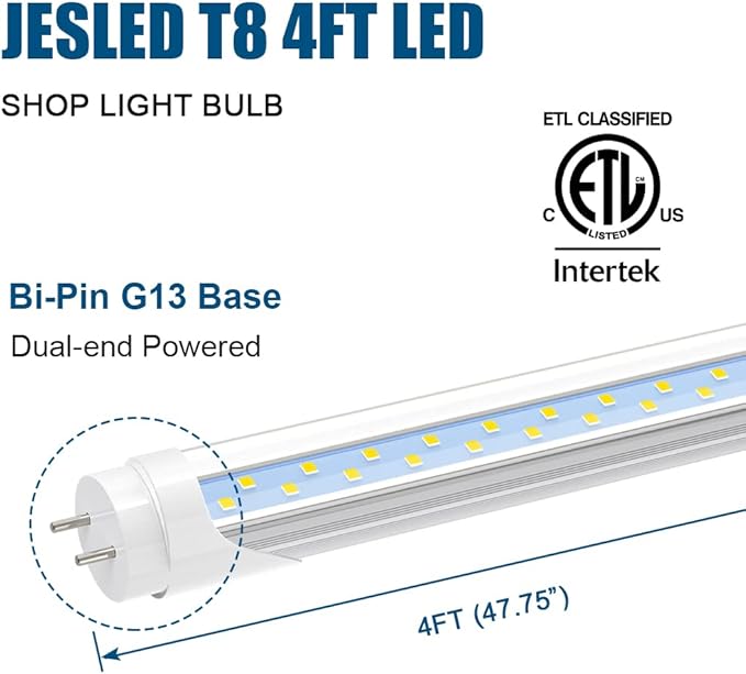 JESLED T8 4FT LED Type A+B Tube Light Bulbs, 24W 6000K, 3200LM Super Bright, Plug and Play or Ballast Bypass, 48 Inch LED Replacement for T10 T12 Flourescent Tubes, Dual-end Powered, Clear(12-Pack)
