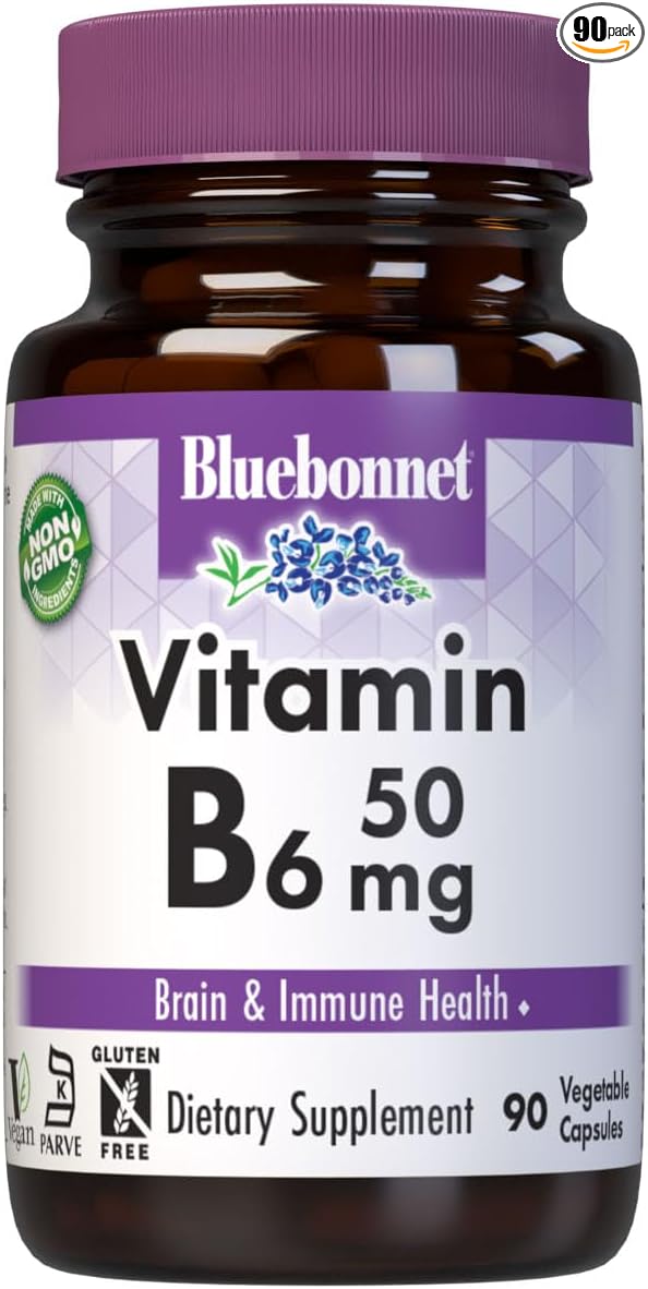 Bluebonnet Nutrition Vitamin B6 50mg Energy Vitamins for Women & Men - Nervous System Immune & Heart Health Support Supplement - Non-GMO, Vegan, Gluten-Free - 90 Vegetable Capsules
