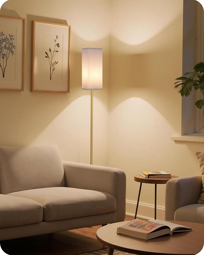 64.2” Dimmable Floor Lamp for Living Room with Remote and Foot Switch, Corner Floor Lamp for Bedroom, Includes 10W A19 Bulb, Modern Standing Tall Lamp, ETL Listed, White and Gold DCW17LD05