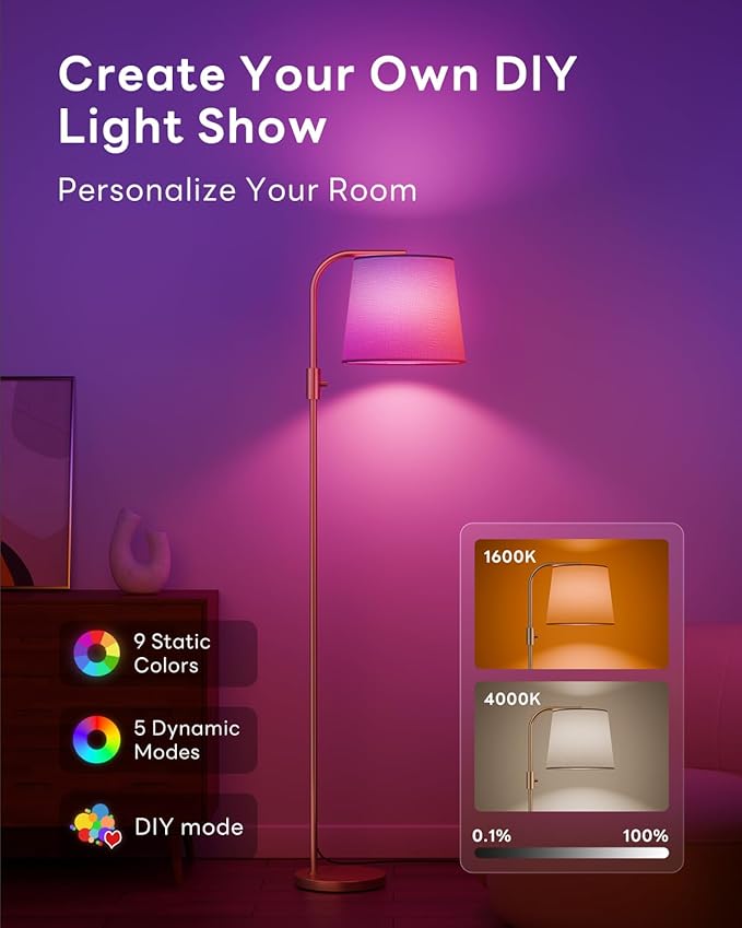 Dimmable Arc Floor Lamp, 1200 Lumens RGBCW Color Change Bulb Included, Standing Lamp with Linen Shade, 65" Tall Lamp with Remote for Living Room, Bedroom, Office, Dining Room, Kitchen, Gold