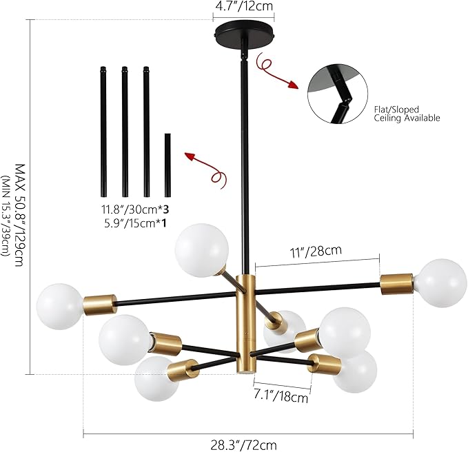 KAISITE Modern Sputnik Chandelier - 8-Light Ceiling Light Fixture Height Adjustable Mid Century Plating Finished Black and Gold Chandelier for Bedroom Living Room Dining Room Kitchen Foyer