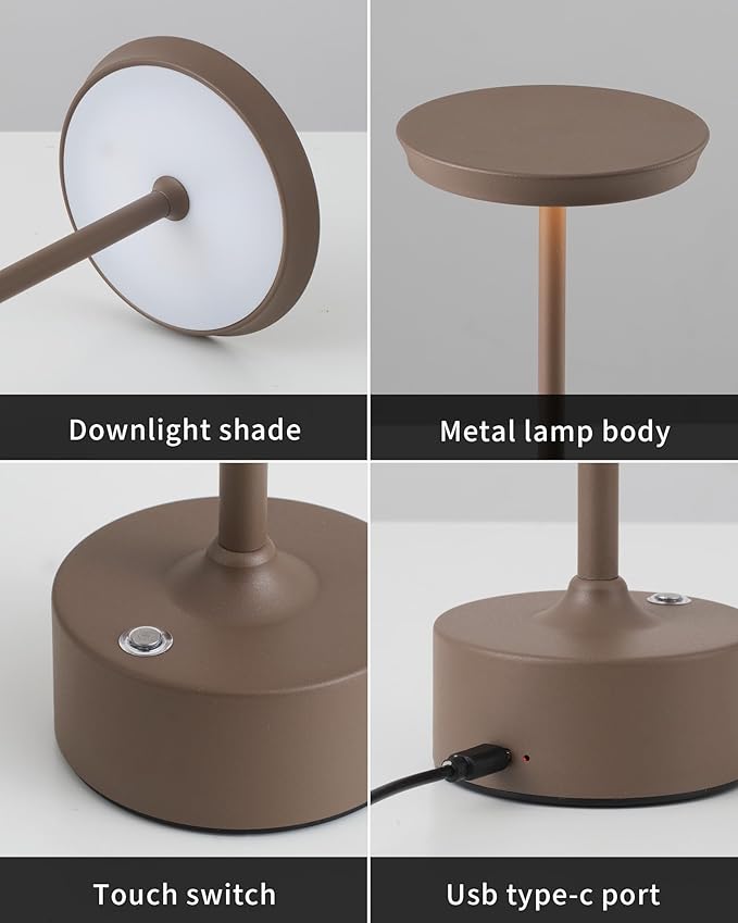 PUSU Rechargeable Table Lamps Set of 2, Brown Cordless LED 4000mAh Battery Desk Lamp, Stepless Dimming & 3 Color 2700K-6000K, Portable Lamp for Bedroom, Living Room, Restaurant, Outdoor, Night Light