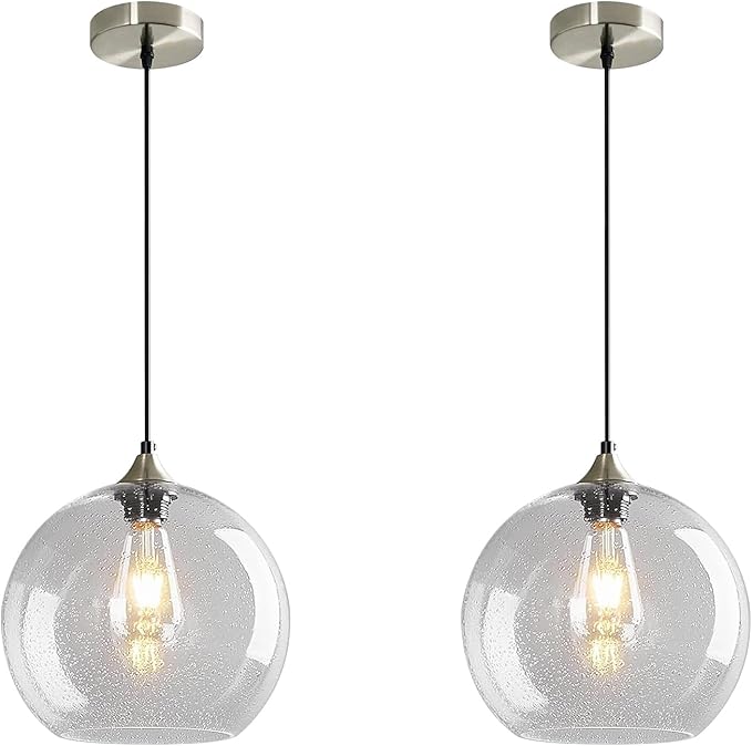 Modern 2-Pack Glass Globe Pendant Lights, Clear Modern Pendant Lighting for Kitchen Island, Clear Glass Hanging Lamps for Dining Room Living Room Bedroom, Small 5.9 Inch Fixture (Bulbs Not Included)