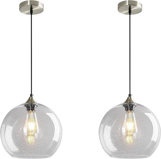 Modern 2-Pack Glass Globe Pendant Lights, Clear Modern Pendant Lighting for Kitchen Island, Clear Glass Hanging Lamps for Dining Room Living Room Bedroom, Medium 7.87 Inch Fixture (Bulbs Not Included)