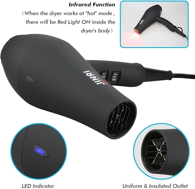 JINRI Hair Dryer, 1875W, 3 Heat & 2 Speed, with Diffuser, with Concentrator, Ionic Technology & Infrared - Black, Detachable Air Intake, Non-Foldable, Hanging Strap, 125V, JR-104D