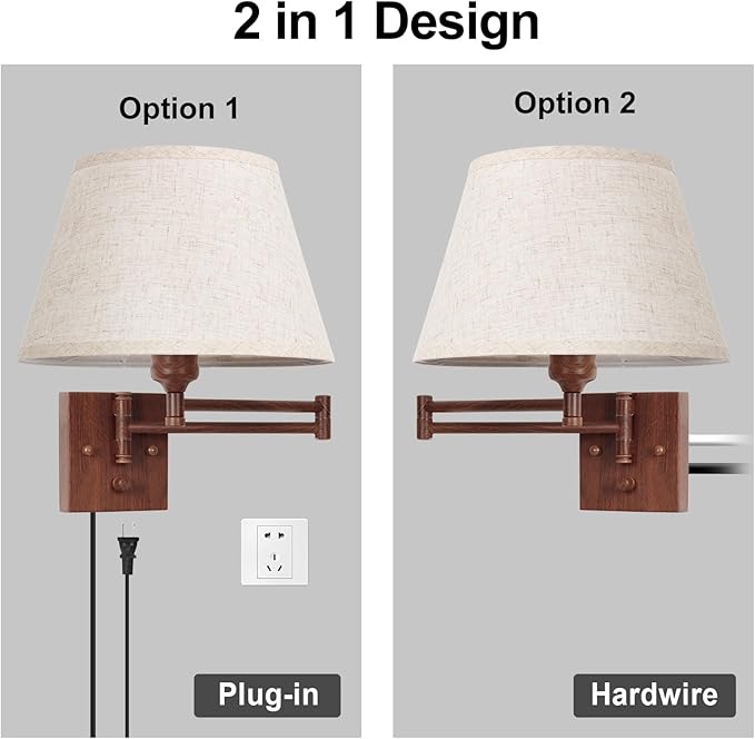 TRLIFE Dimmable Wall Sconce Plug in, Wall Sconces Set of Two Swing Arm Wall Lights with Plug in Cord and On/Off Dimmer Rotary Switch, 11.8" Large Beige Fabric Shade(2 Pack, Walnut Color)