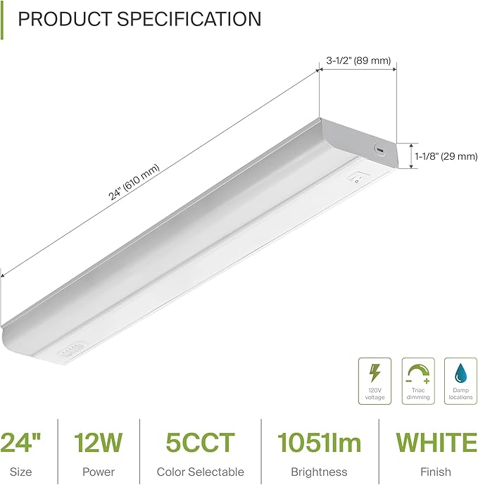 ASD LED Under Cabinet Lighting Hardwired, 24 Inch 12W 2700K-5000K Selectable, 1051LM, CRI90+, Direct Wire Linkable Under Counter Lights for Kitchen, Dimmable Under Cabinet Lights, White, UL Certified