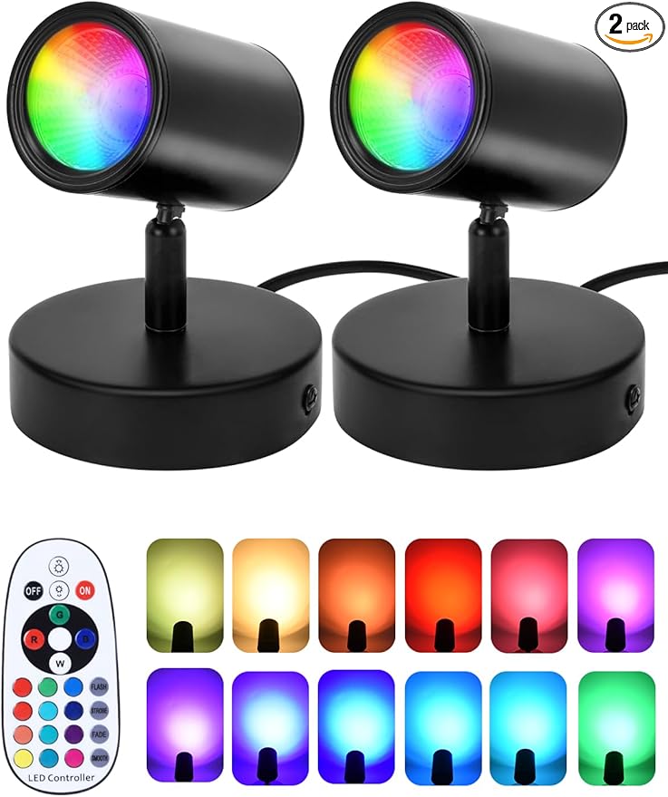 RGBW Indoor Spotlight 10W LED Color Changing Spotlight with Remote, 120V Christmas Up Lights Accent Spot Light with Foot Switch for Plant Halloween Party Decor, 5FT Code, 2Pack