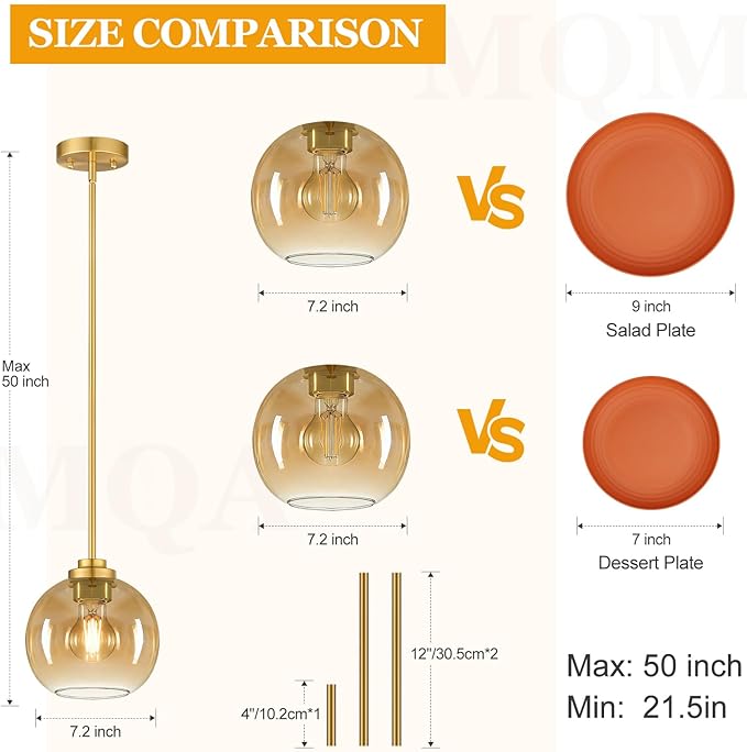 2 Pack 22"-50" Height Adjustable Glass Pendant Lights Kitchen Island, Globe Brushed Gold Pendant Lights with Amber Glass Shade, Mid Century Pendant Light Fixtures Kitchen Pendant Lighting over Island