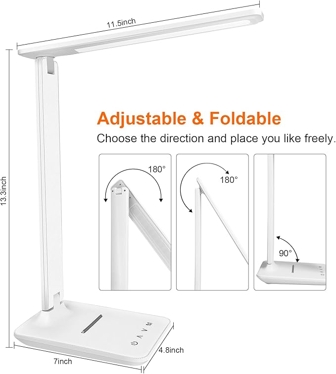 shinelife LED Desk Lamp for Office Home, Bright Desk Light with USB Charging Port, Adjustable Dimmable Desk Lamps 5 Modes 5 Brightness, Touch Study Lamp for Nail, Craft, Puzzle, Sewing, Study, White