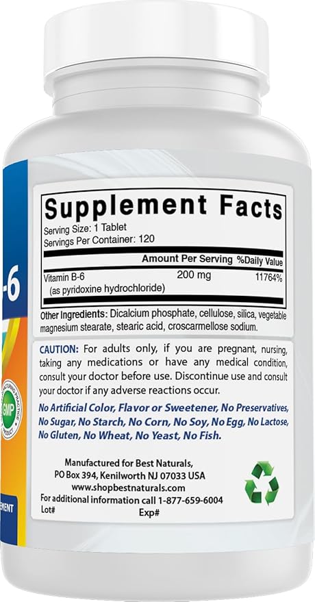 Best Naturals Vitamin b6 200mg for Adults, 120 Tablets (120 Count (Pack of 1))